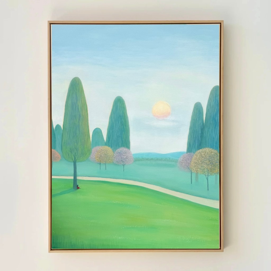 garden green trees, green field, small road, a little girl in the red dress is sitting under the tree overlooking the distance, peaceful. painting by artist Angel Yau Art