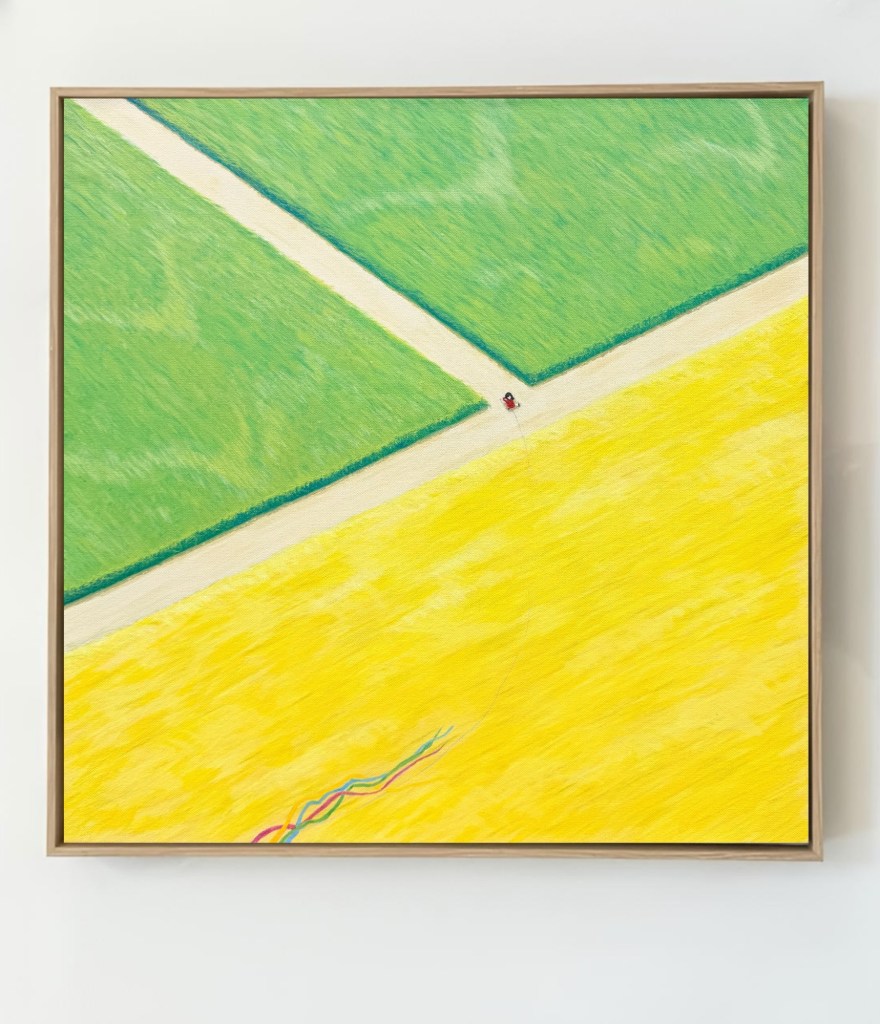 yellow field green grass, little girl in the red dress standing at intersection, flying kite, painting by Angel Yau Art