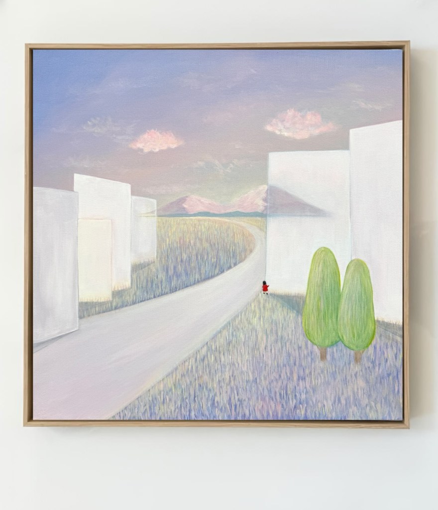 painting of a colorful field with white buildings, a little girl in the red dress is looking over the path. angel yau art