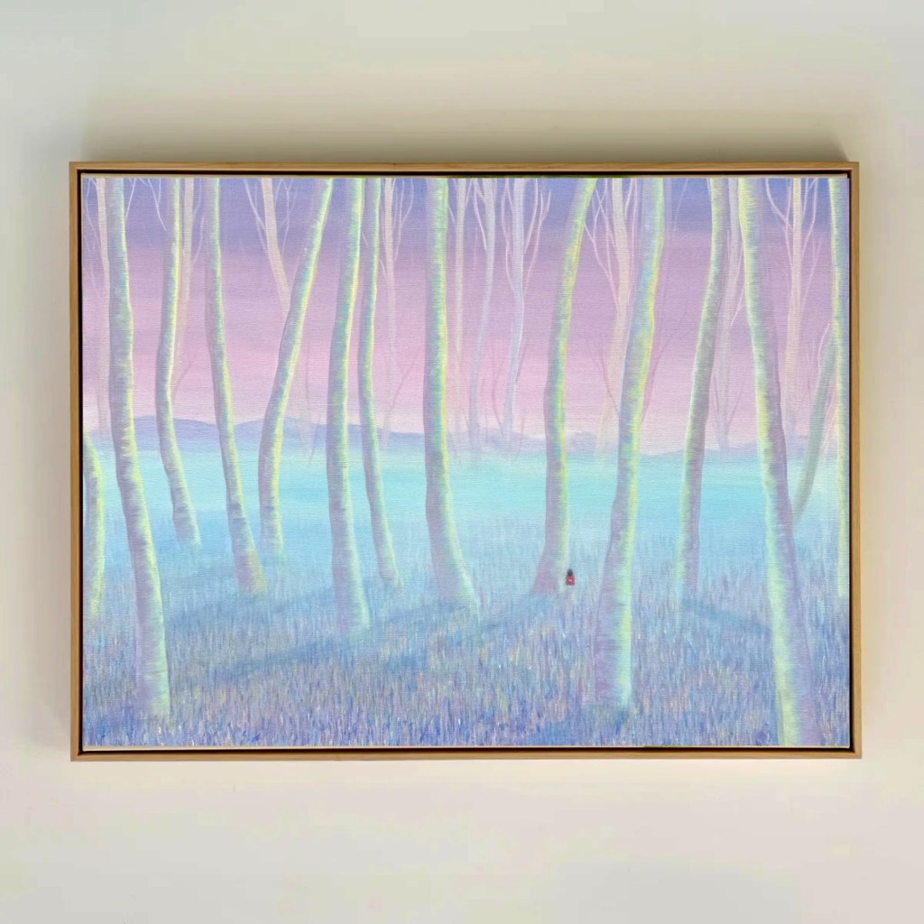 birch tree, misty forest, a little girl in the red dress is lost in the forest, angel yau art