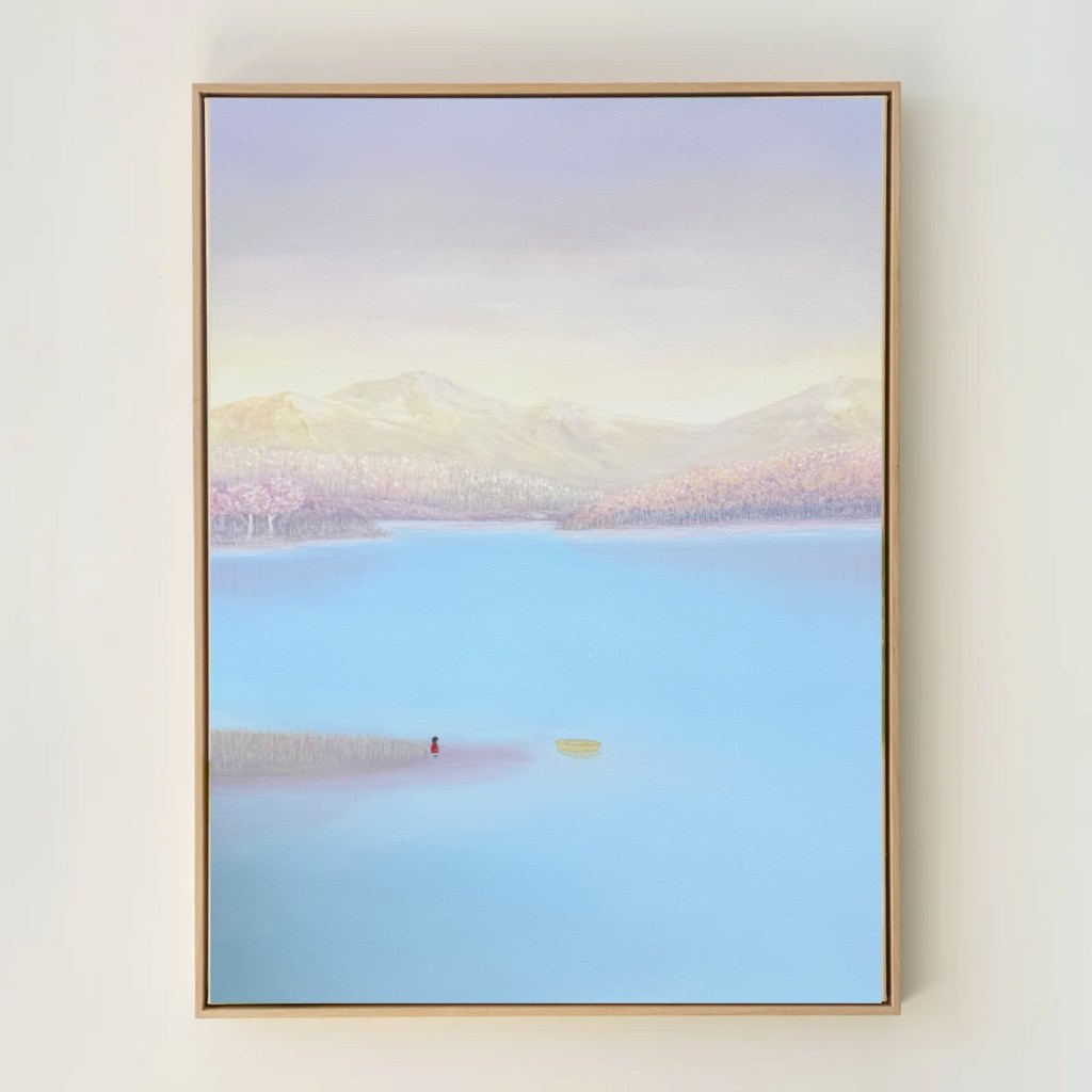 peaceful water with a yellow boat, a little girl in the red dress, open sky, angel yau art