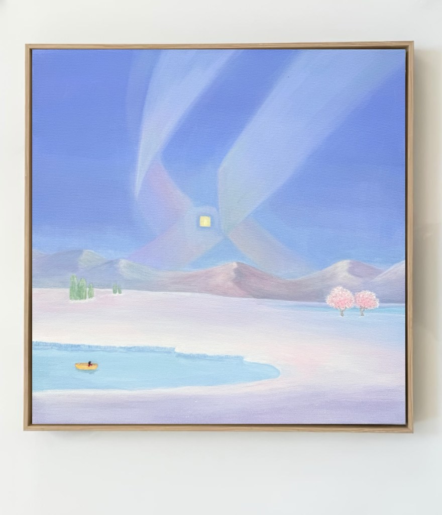 aurora light, lantern, a little girl in the red dress, yellow boat, iceland, dreamland, painting by angel yau art