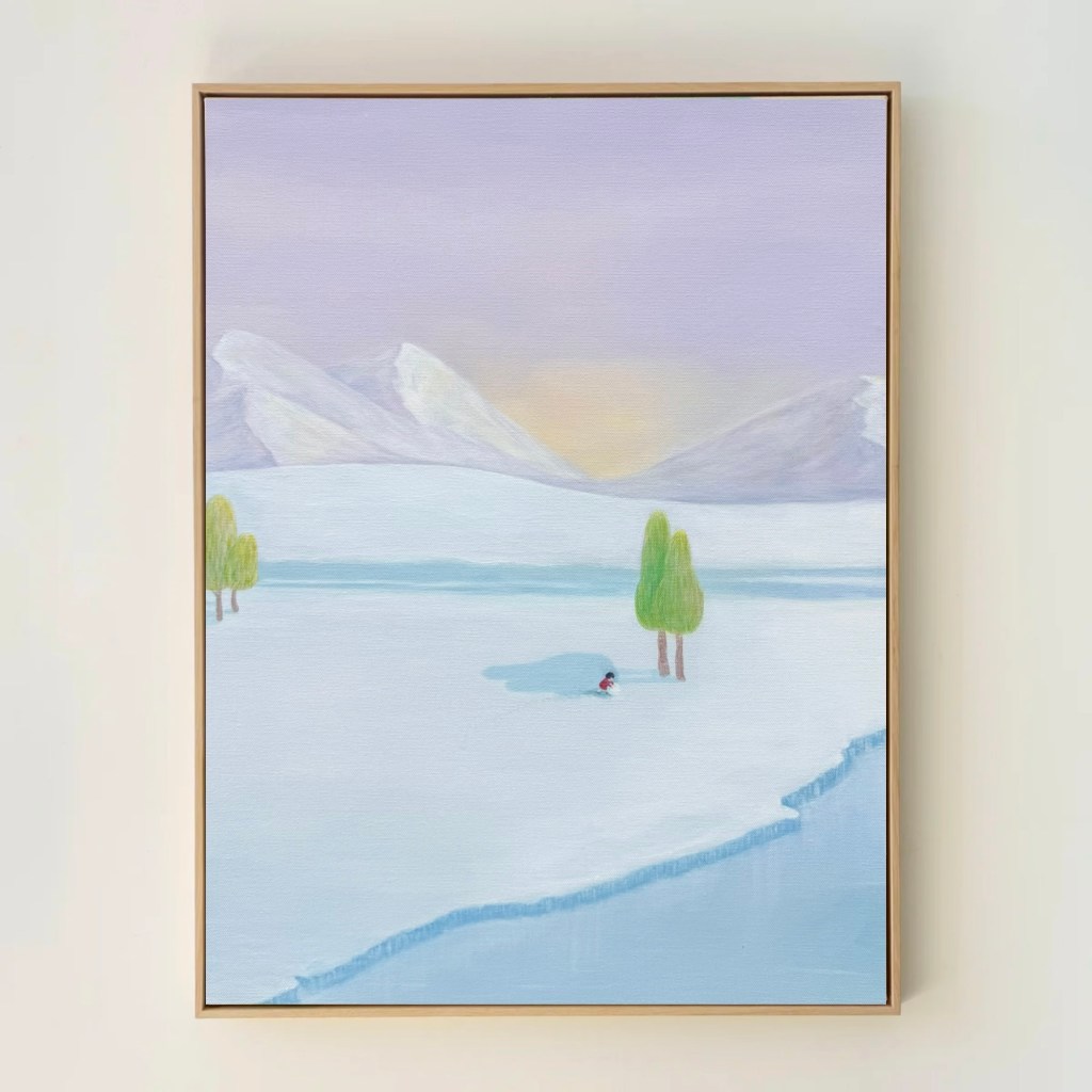 a little girl in the red dress rolling up snow, child building snowman, cold winter, purple sky, by the lake, painting by angel yau