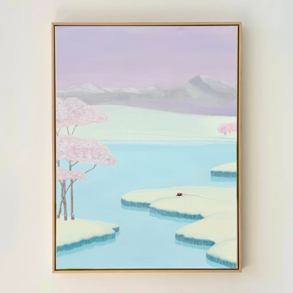 sakura, purple sky, mountain in the distance, child making snow angel, little girl in the red dress, painting by angel yau art