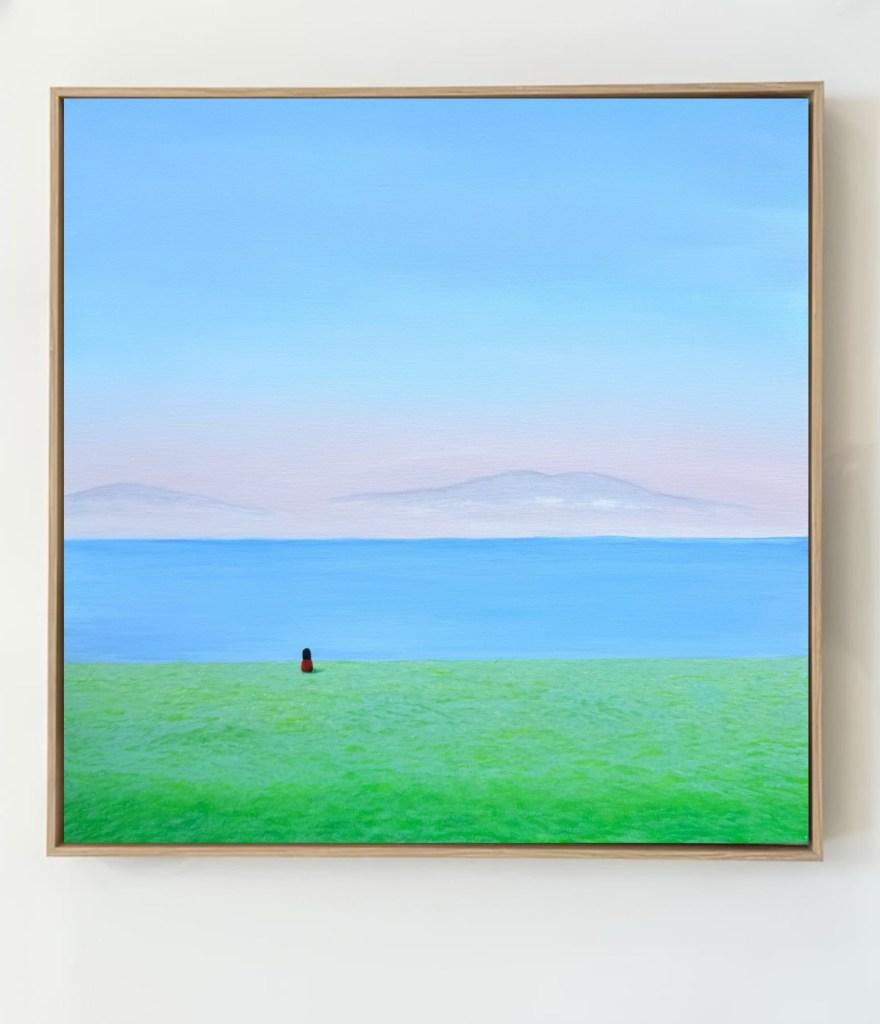 green grass field, overlooking blue ocean, mountain in the distance, a little girl in red dress is overlooking the peaceful scene, painting by angel yau art